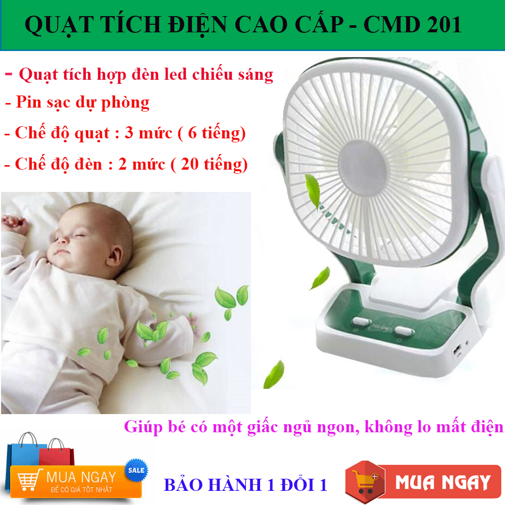 Quạt Tích Điện Thông Minh  CMD 201 , Quạt Tích Điện Cao Cấp, Quạt Tích Điện . Với 3 Mức Quạt Giúp Bạn Không Còn Lo Nóng Trong Những Ngày Mất Điện, Quạt Tích Hợp Giữa Đèn LED và Sạc Dự Phòng Vô Cùng Tiện Lợi.
