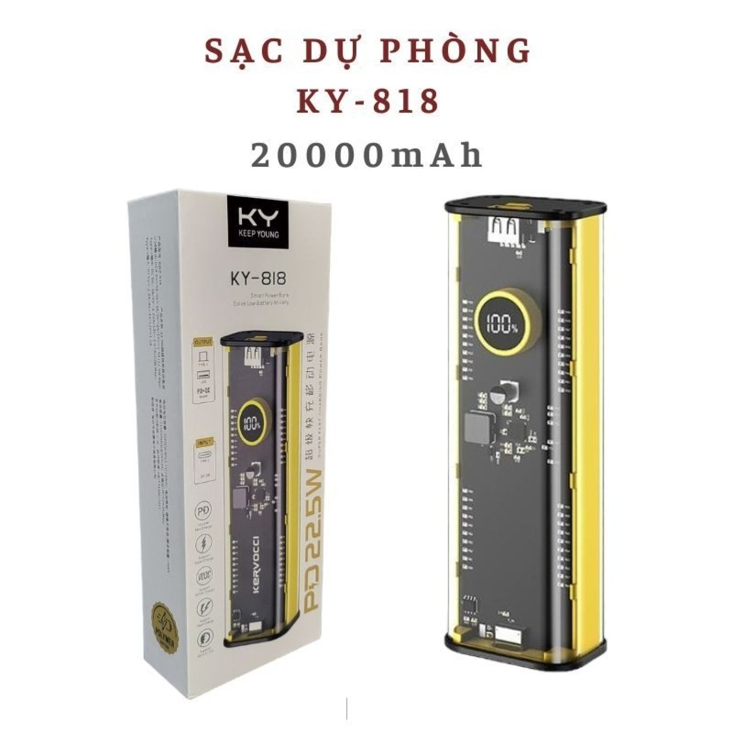 Sạc dự phòng KY-818, 20000mAh, công suất tối đa 22.5W, vỏ trong suốt