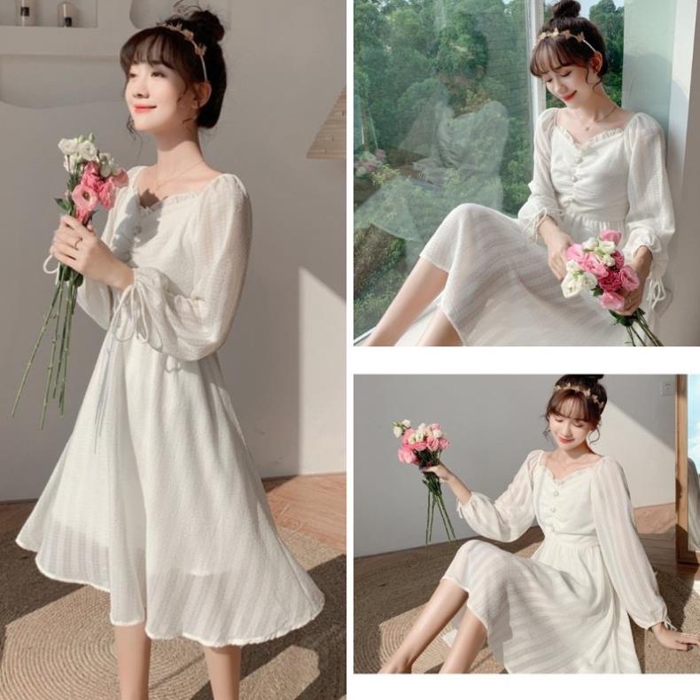 Váy tiểu thư rúm ngực bánh bèo màu trắng tinh khôi, đầm bánh bèo dự tiệc màu trắng