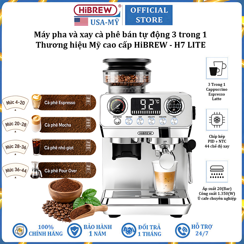 Máy pha và xay cà phê bán tự động 44 chế độ xay thương hiệu Mỹ cao cấp HiBREW H7 LITE - Công suất 1350W - Áp suất 20bar - BH 1 NĂM