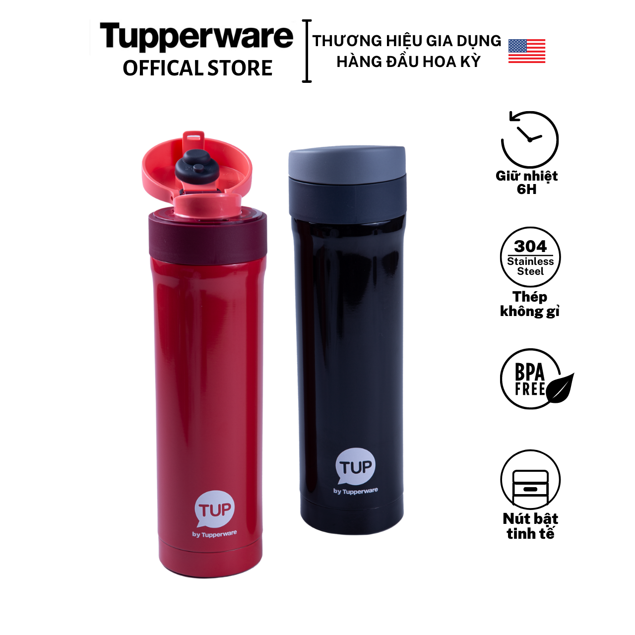 Bình giữ nhiệt Tupperware Easy Open 430ml - Bảo hành 12 tháng - Lõi bằng thép không gỉ 304