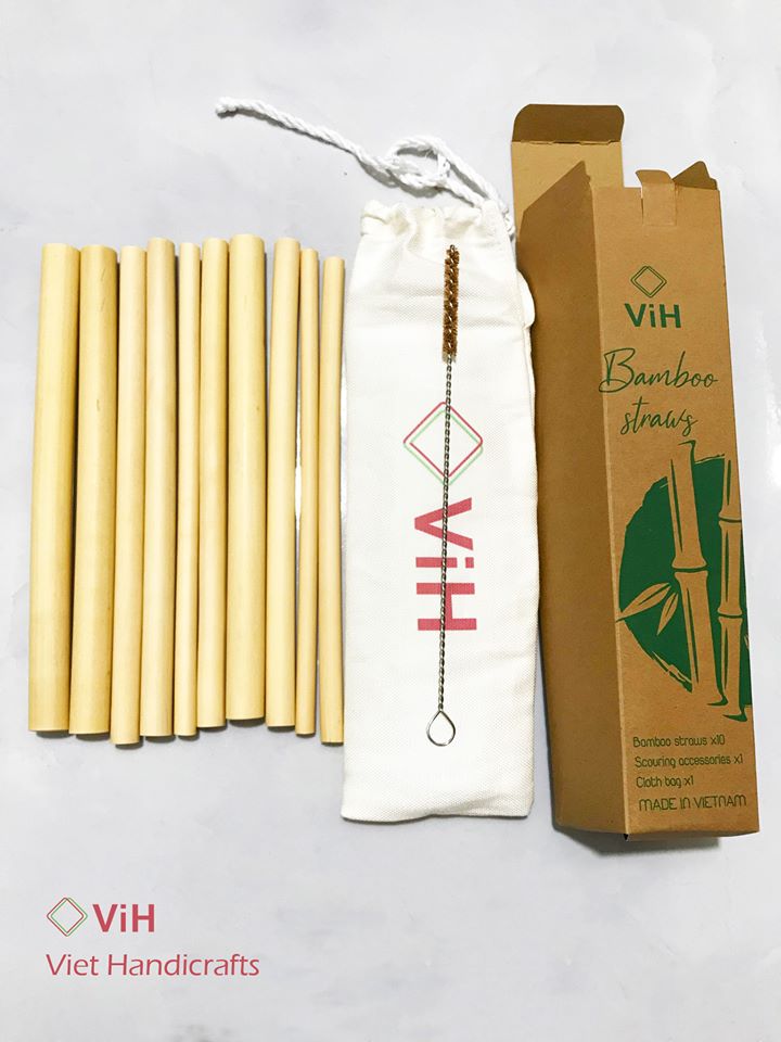 BỘ combo 10 ống hút tre thiên nhiên(10 ống hút tre+1 túi vải+1 cọ xơ dừa) - Việt Handicraft
