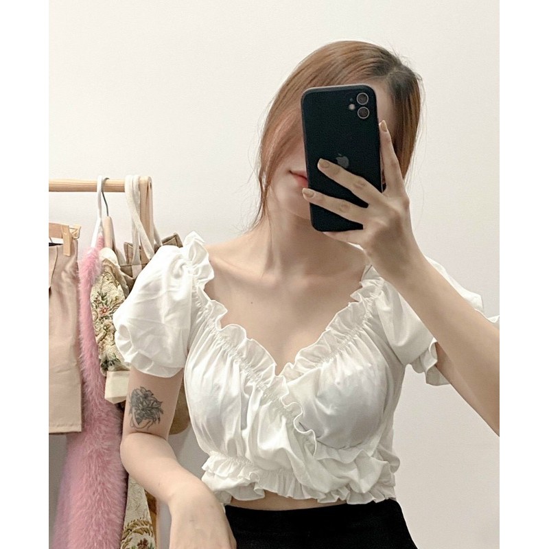 Áo kiểu croptop nữ đắp chéo phối ren, áo trễ vai tay phồng cổ bèo nữ tính
