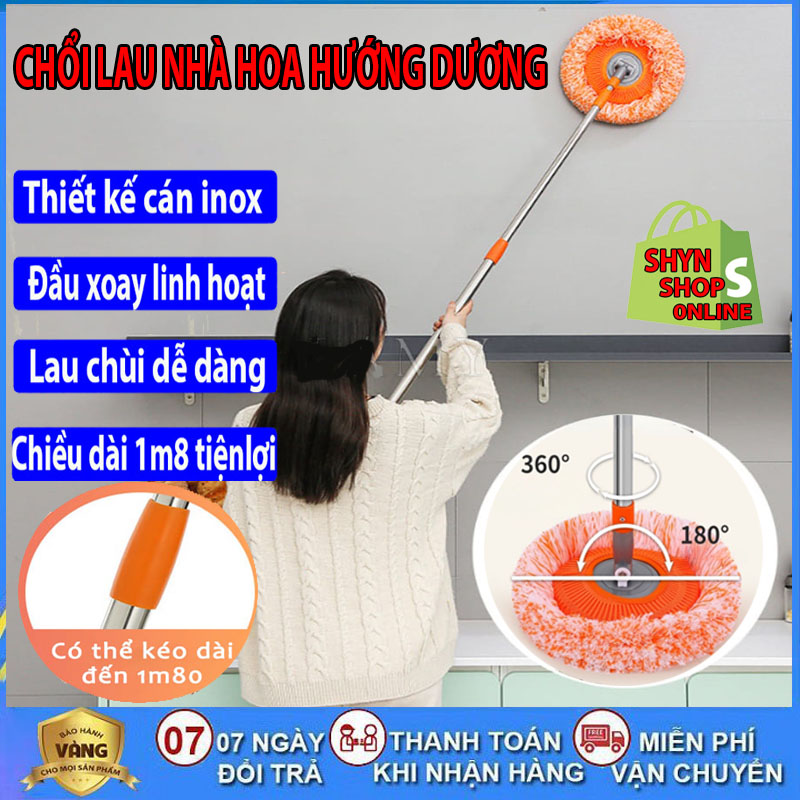 Chổi lau nhà hoa hướng dương xoay 360 độ, Chổi lau nhà đa năng, Cây lau nhà tự vắt cán inox, cây lau nhà hướng dương 1m8, Chổi lau trần nhà, cây lau nhà, Chổi, Cây lâu vệ sinh nhà cửa, Cay lau sàn,tiện lợi, chổi lau nhà