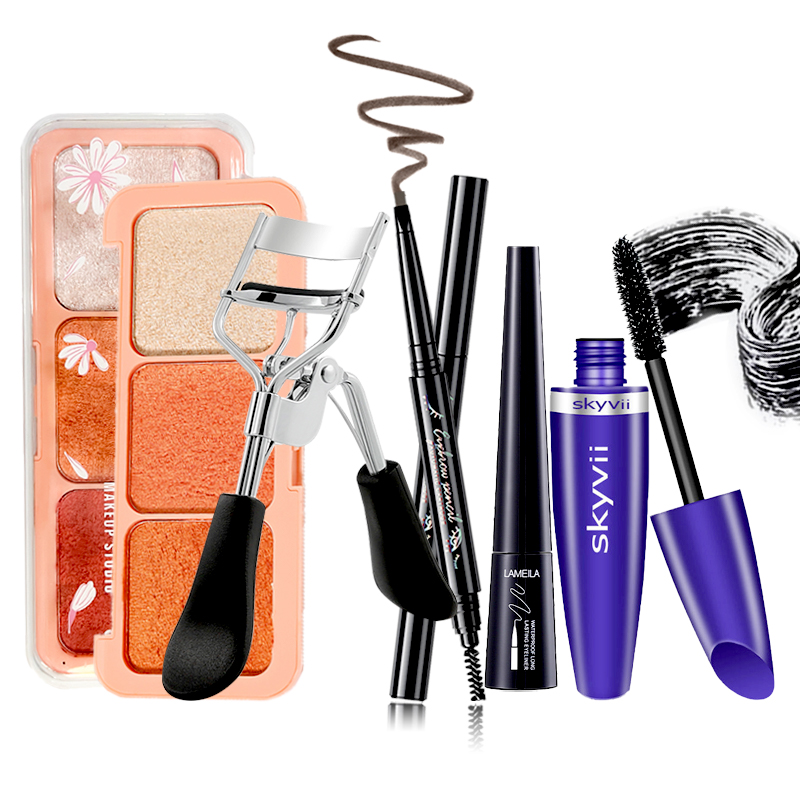 Lameila Bộ 5 món trang điểm chuyên nghiệp gồm：phấn mắt + chì kẻ mày lâu trôi + bút dạ kẻ mắt + mascara+Cuộn lông mi