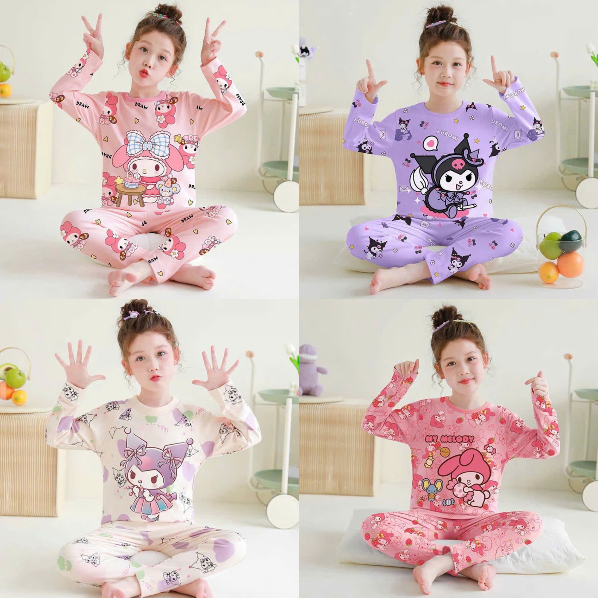 Bộ quần áo mặc nhà dài tay dành cho bé gái 13-42kg mẫu Melody kuromi EC. Chất liệu thun mỏng co dãn.