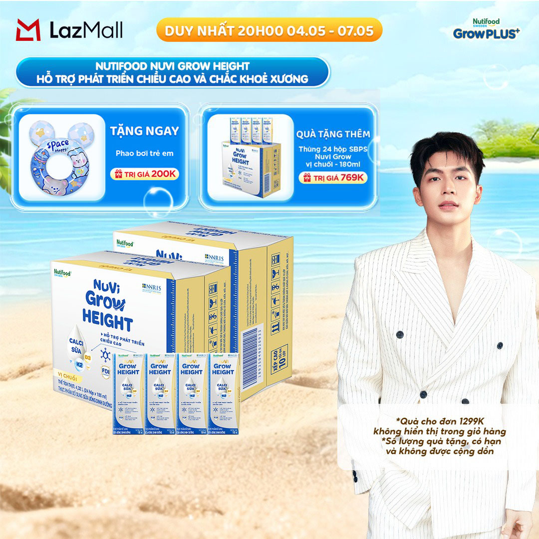 Combo 2 Thùng 24 hộp SBPS Nuvi Grow Height vị chuối + hỗ trợ phát triển chiều cao hộp 180ml