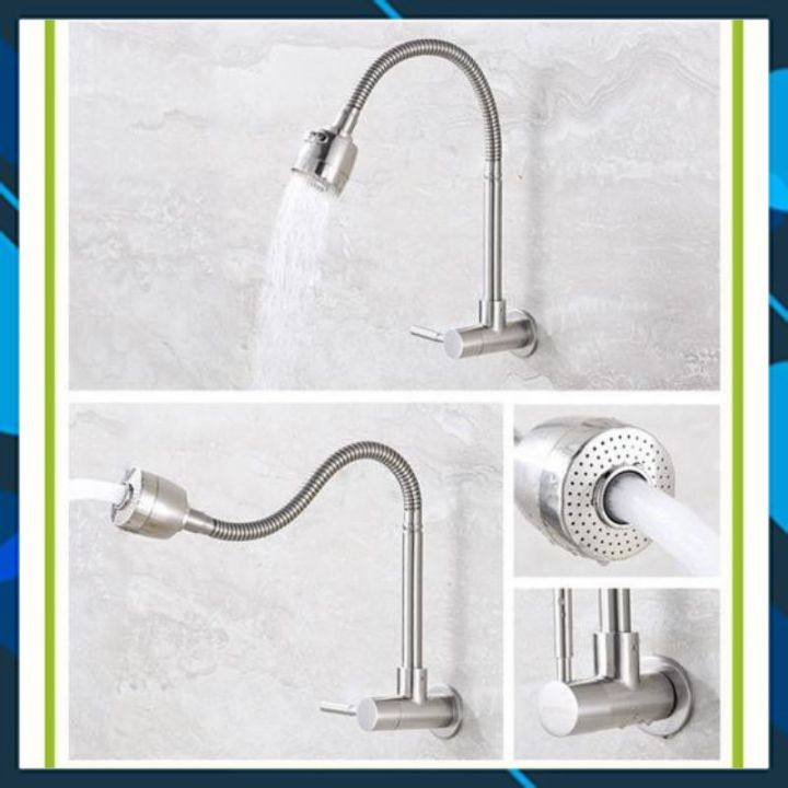 Vòi chậu rửa bát lạnh lò xo inox 304 găn tường, cần mềm, gật gù được, bát sen 2 chế độ xả nước, không bao giờ bị rỉ sét