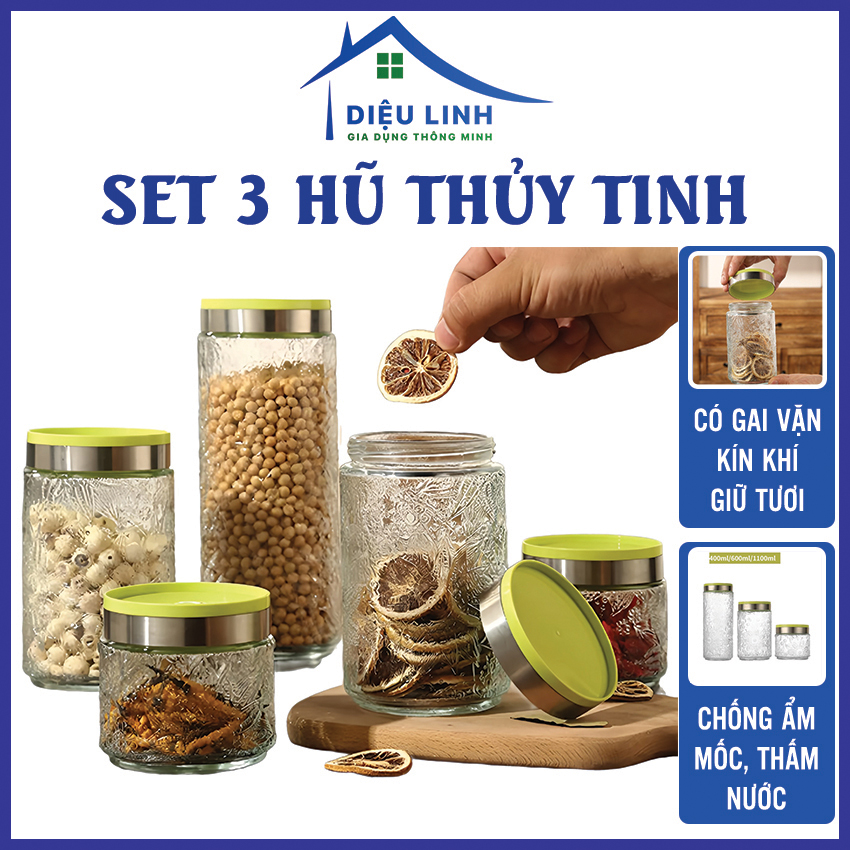 Combo 3 Hũ Thuỷ Tinh - Lọ Thuỷ Tinh Nắp Giả Nhựa Có Gai Vặn Kín Khí Đựng Đồ Khô Nhiều Kích Cỡ, Đựng Gia Vị, Thực Phẩm Khô Với Họa Tiết Sang Dieulinhshop