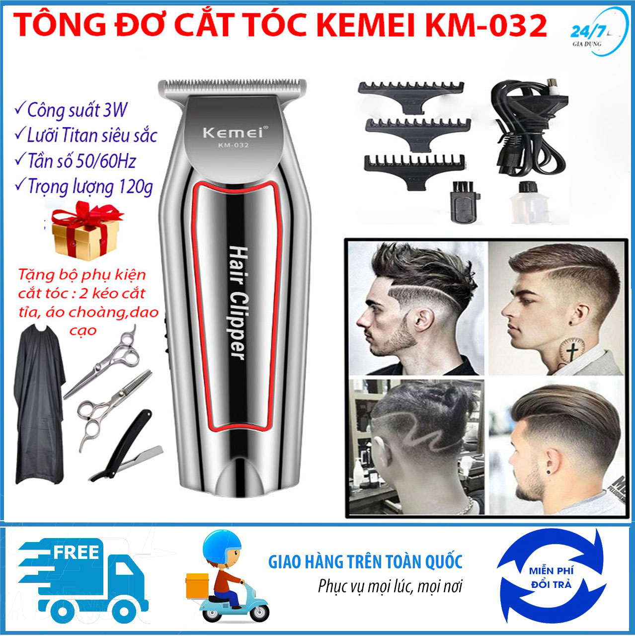 [Tặng bộ phụ kiện 4 món] Tông đơ cắt tóc chấn viền Kemei 032, tăng đơ hớt tóc, tông đơ cắt tóc trẻ em, gia đình, không dây, sạc pin tông đơ cạo bấm, chấn viền, tạo kiểu tóc lưỡi cố định mạ titan siêu sắc, tong do cat toc