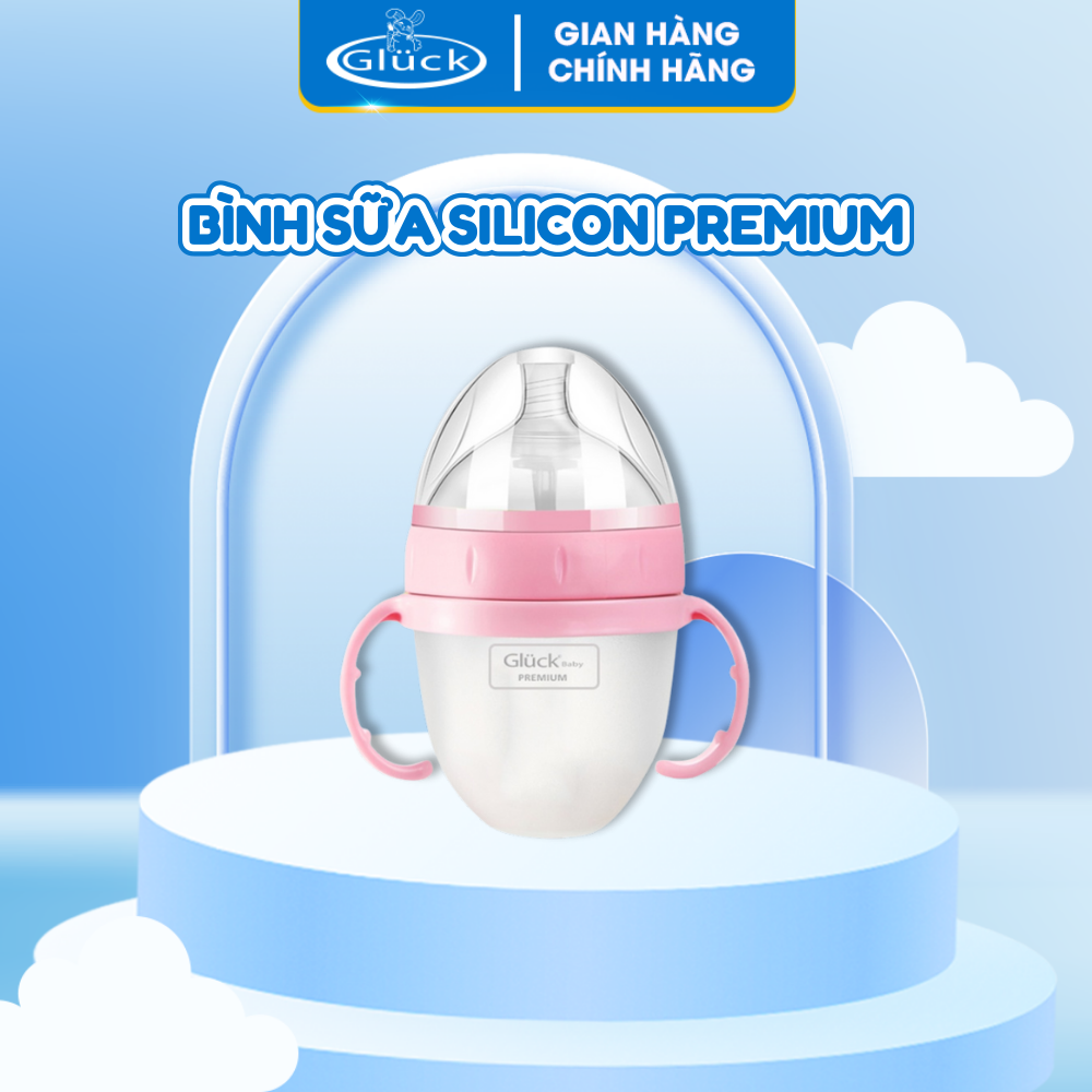 Bình sữa cho bé thiết kế núm ti có lỗ chống đầy hơi, bình sữa chính hãng Silicon Premium có tay cầm, bình sữa Gluck Baby