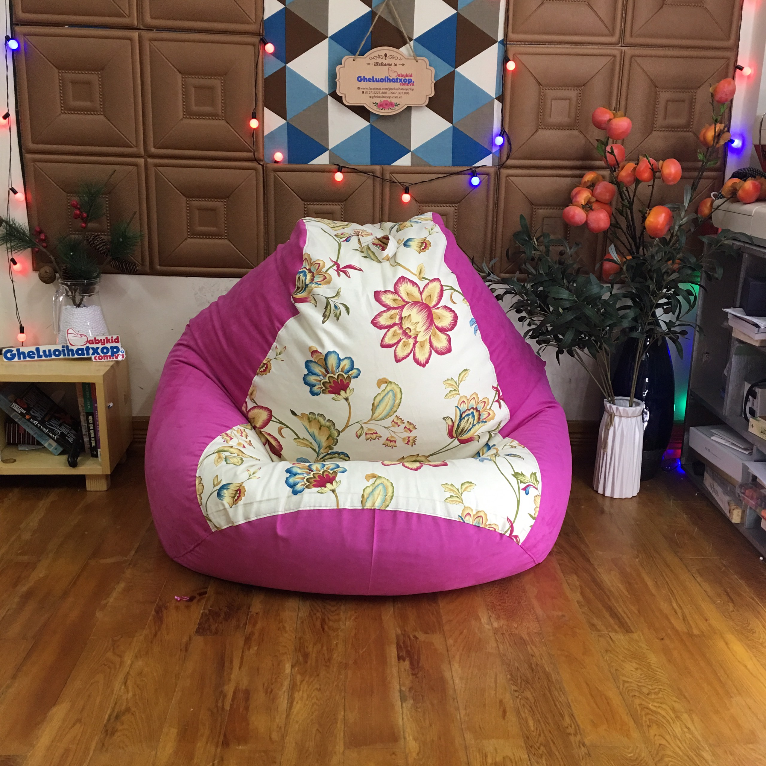 Vỏ ghế lười dáng lê họa tiết hoa size M chưa kèm hạt xốp