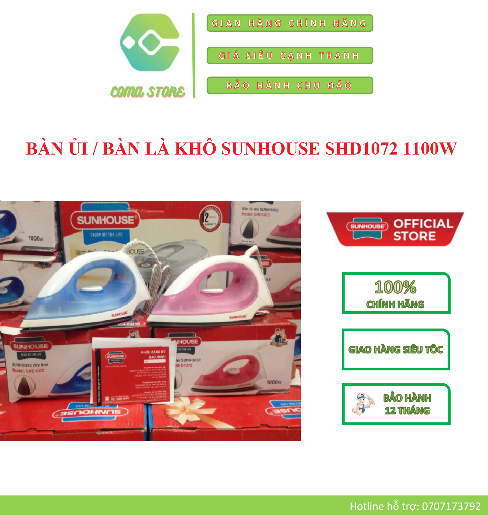 SHD1072 - BÀN ỦI / BÀN LÀ KHÔ SUNHOUSE 1100W – BẢO HÀNH CHÍNH HÃNG 12 THÁNG