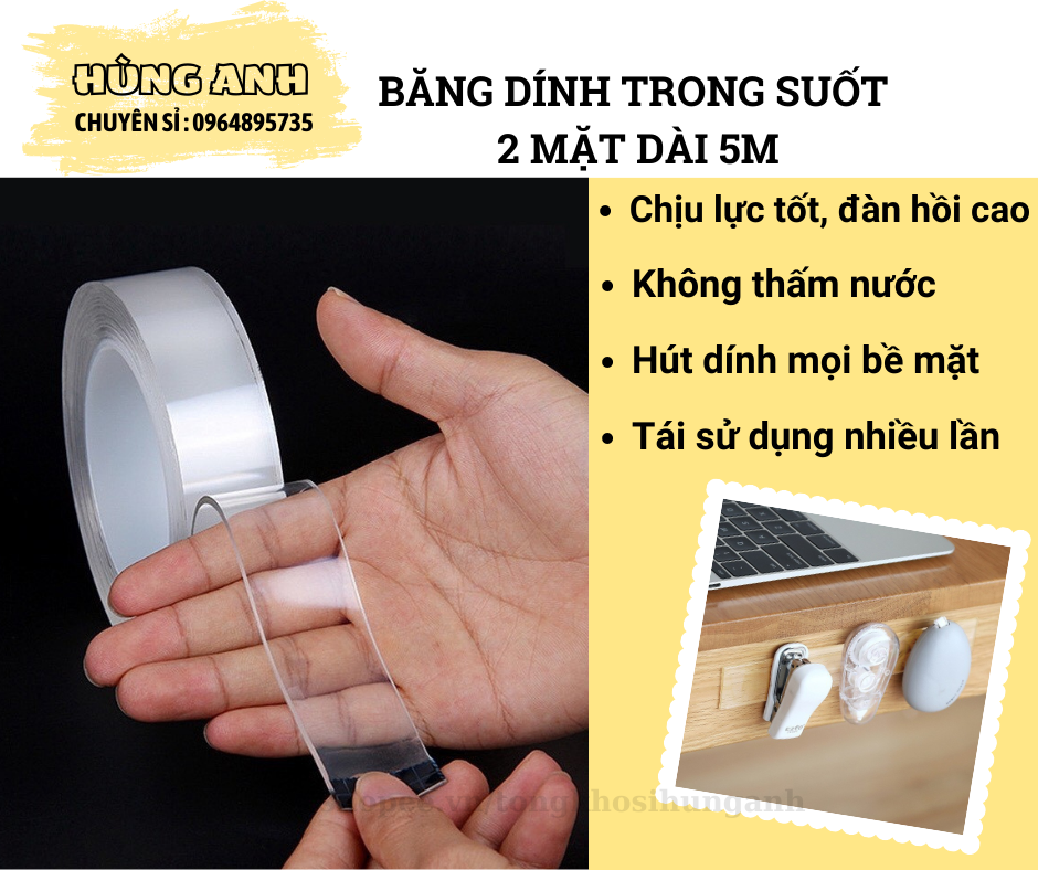 Băng dính trong suốt dài 5m siêu chắc, băng keo trong suốt 2 mặt siêu dính dài 5m, băng keo nano ha247