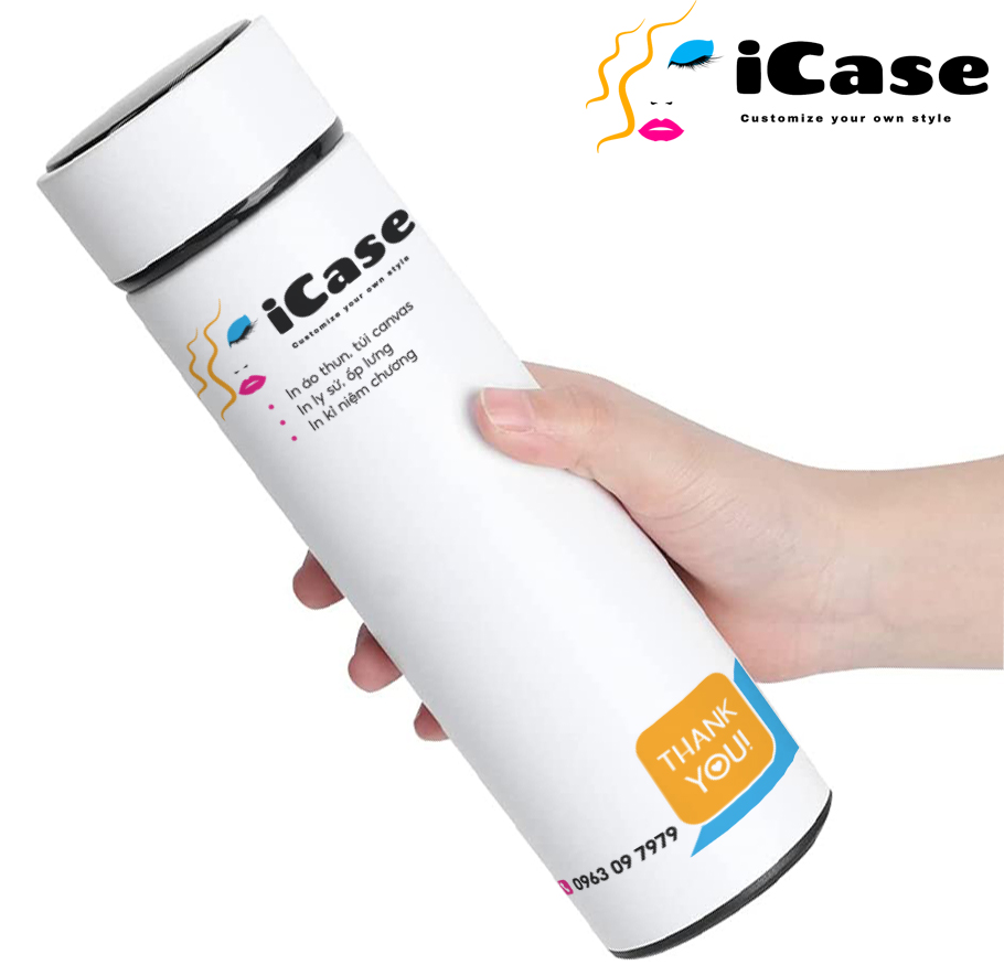 Bình nước giữ nhiệt iCase in hình theo yêu cầu, bình đựng nước hiển thị nhiệt độ.
