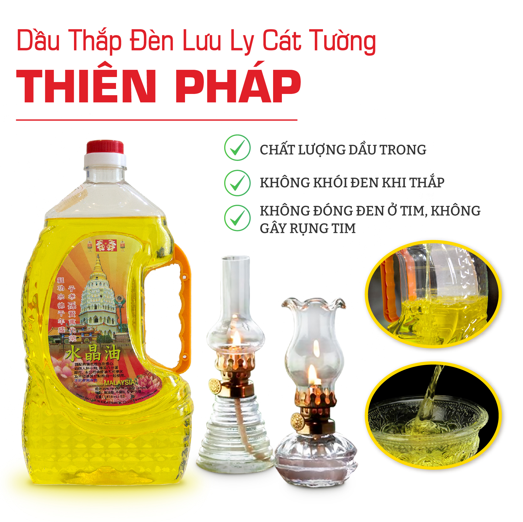 Dầu thắp đèn lưu ly cát tường Thiên Pháp combo 6 chai dẹp 1.8l không khói không mùi dùng cho đèn dầu thờ cúng chính hãng 1 đổi 1