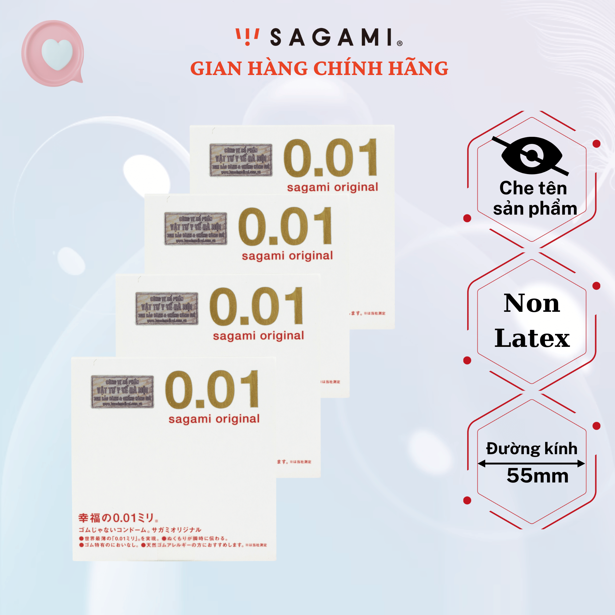Combo 4 hộp - Bao cao su Sagami 0.01 Original - baocao su nam size lớn 55mm, Non latex ,siêu mỏng