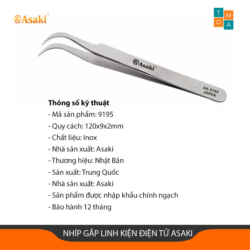 Nhíp Gắp Linh Kiện Khuỷu Tay Asaki AK-9195, Nhíp Gắp Linh Kiện Mũi Nhọn, Nhíp Inox Gắp Linh Kiện Mũi Nhọn, 120 x 9 x 2 mm