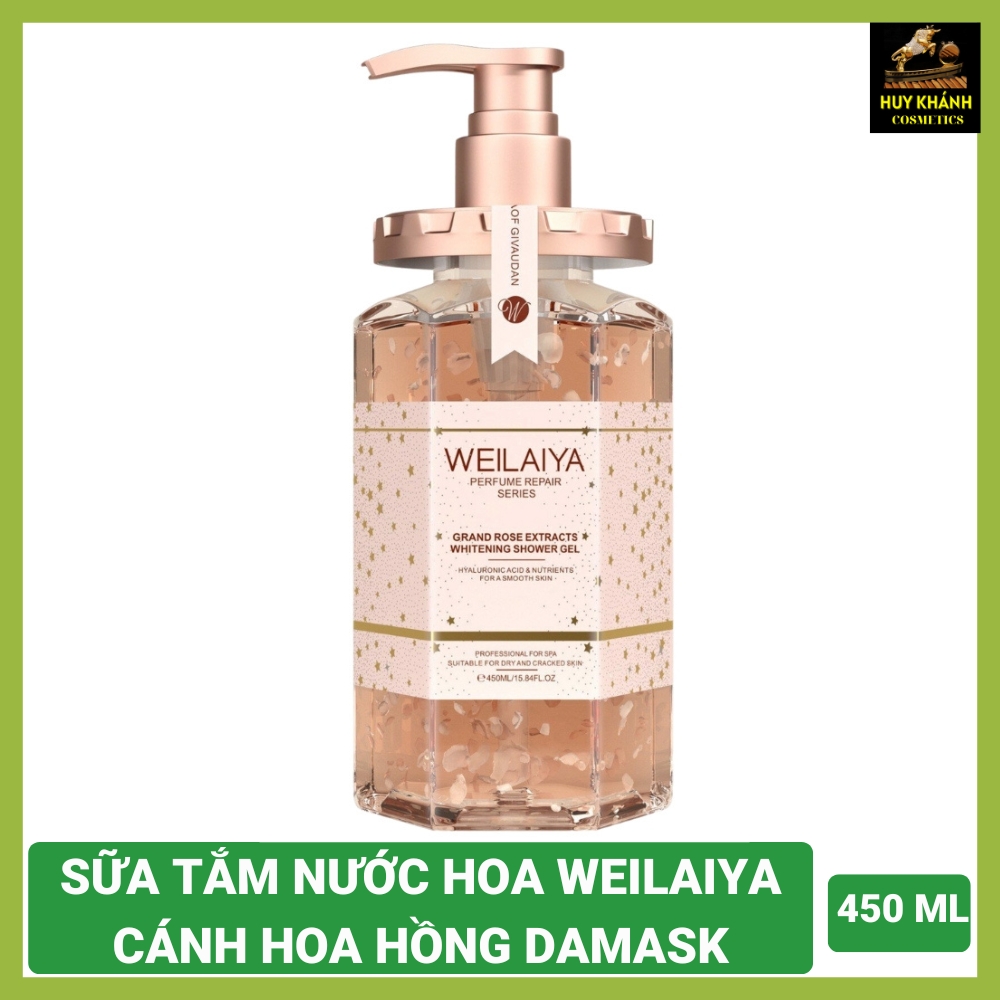 Sữa tắm Weilaiya Damask cánh hoa hồng pháp nước hoa trắng da toàn thân whitening body Shower Gel 450ml lưu hương thơm lâu làm dịu dưỡng ẩm sạch sáng hồng mịn cho mọi loại da nữ nam quyến rũ sang trọng tự nhiên re-HUY KHÁNH COSMETIC