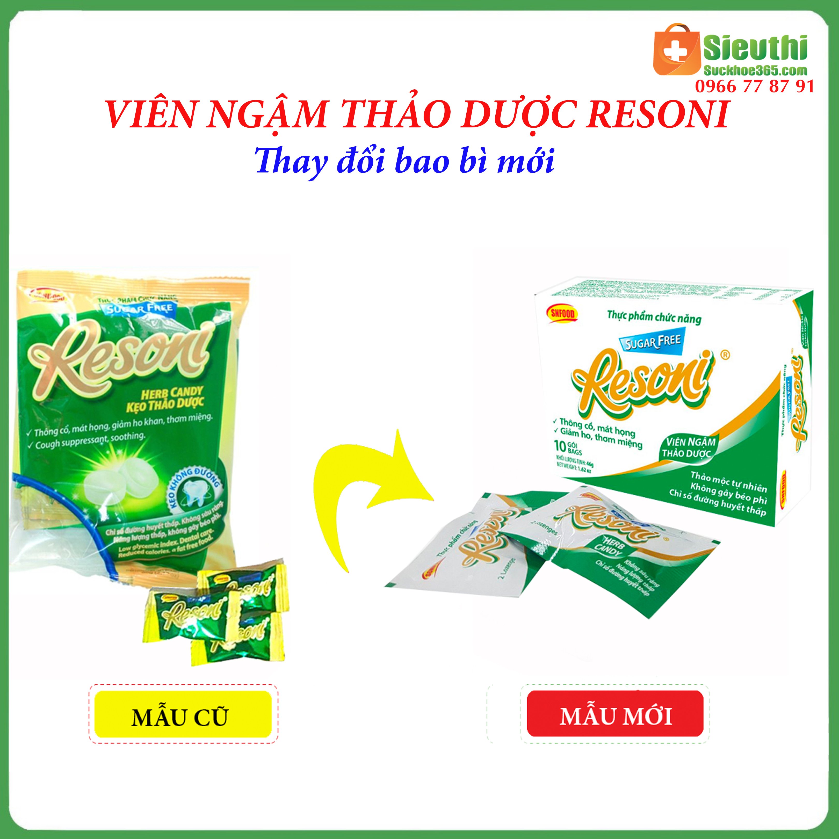 [Bao bì mới] Kẹo Thảo Dược Resoni Không Đường hộp 46g Dành Cho Người Tiểu Đường Ăn Kiêng Siêu Thị Sứ