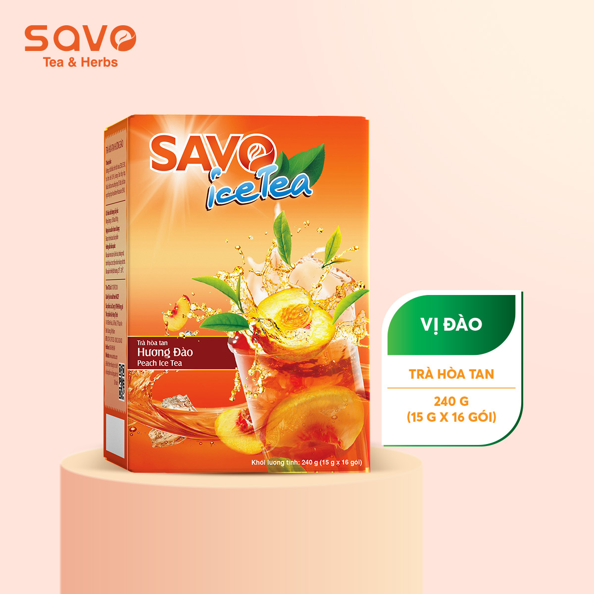 Trà Đào hòa tan Icetea SAVO thơm vị trà ít ngọt (Peach Ice Tea) - Hộp 16 gói x 15g