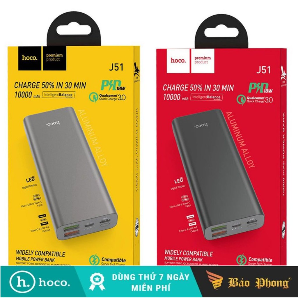 Pin Sạc Dự Phòng HOCO J51 dung lượng 10.000mAh hỗ trợ sạc nhanh PD + QC3.0