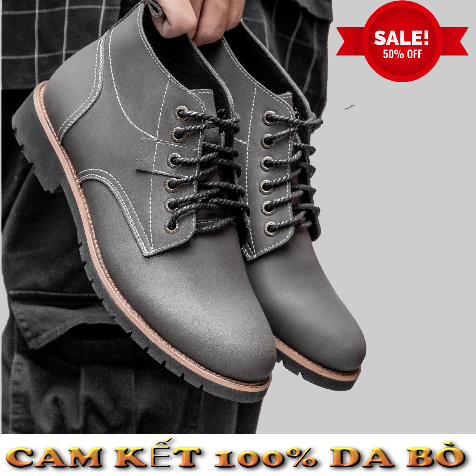 giày bốt nam cổ cao da bò - giày cao cổ đốc tờ buộc dây dành cho nam - đế cao su khâu chống nước tốt - bốt kk