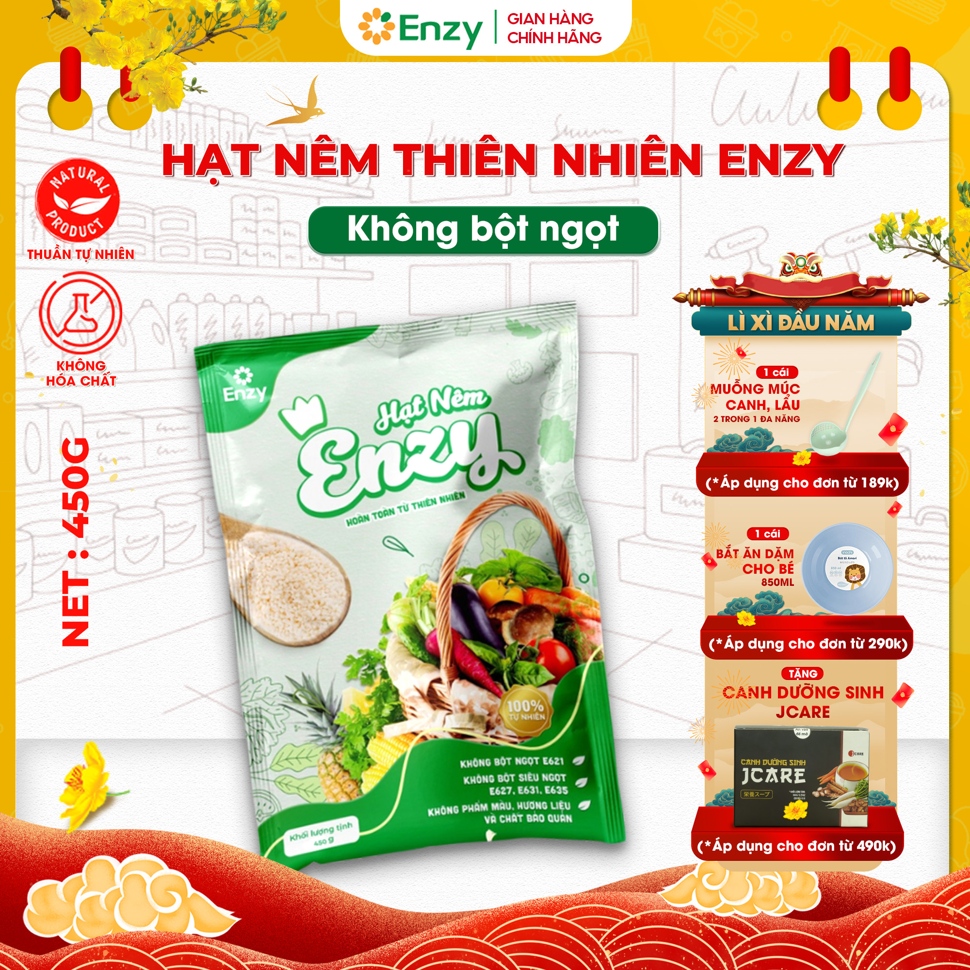 Hạt nêm rau củ enzy, thuần chay, gia vị tự nhiên, không bột ngọt gói 450g