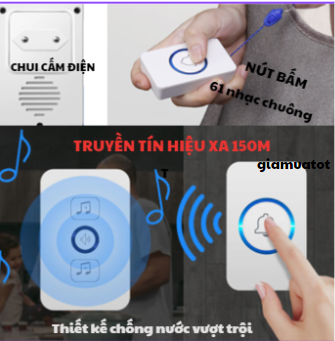 Chuông cửa không dây nút nhấn KHÔNG DÙNG PIN cao cấp (Nút nhấn chống nước – Nút không dùng PIN - sử dụng 61 kiểu chuông)