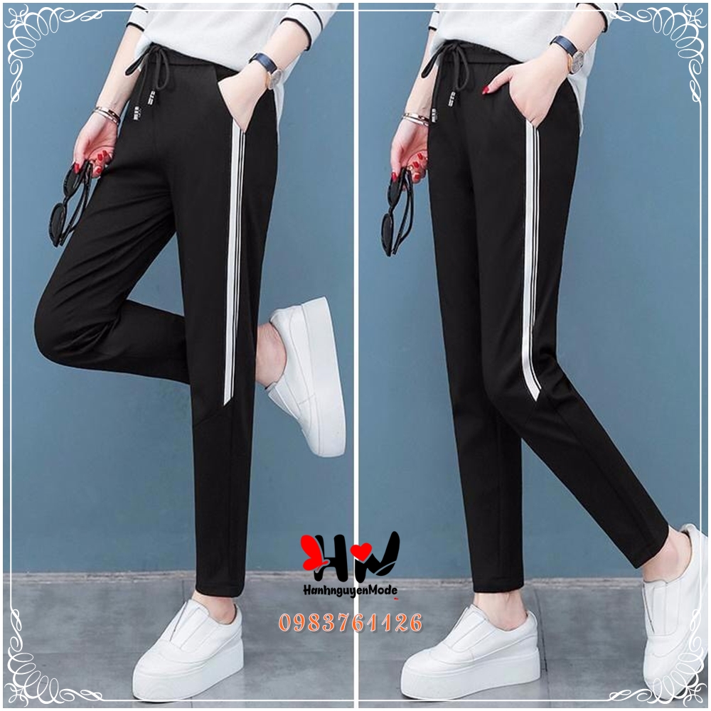 QUẦN JOGGER THỂ THAO NỮ DÁNG DÀI, CẠP CHUN CÓ DÂY BUỘC, KIỂU SỌC HAI BÊN, VẢI MỲ HÀN CO DÃN TỐT - hanhnguyenMode