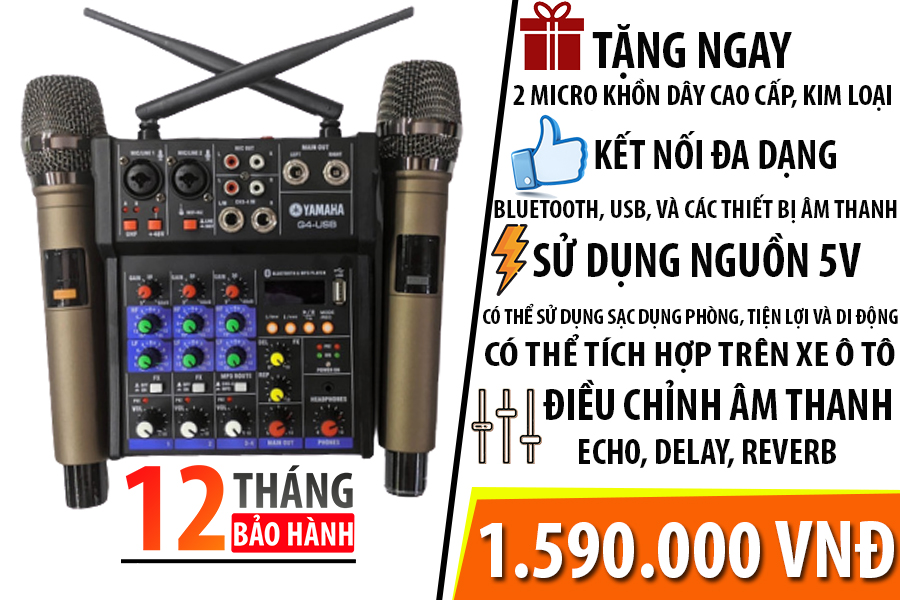 Bàn Trộn Âm Thanh Kiêm Lọc Âm Mixer Yamaha G4 Kèm 2 Mic, Không Dây Tiện Lợi Oto Loa Kéo Và Các Loại Loa Khác.Bộ Mixer 2 Mic Kèm Vang Đa Năng Hát Trên Mọi Loại Loa. Loa kéo, Loa Soundbar,aamly, đầu thu, livestream, Thiết kế nhỏ gọn.