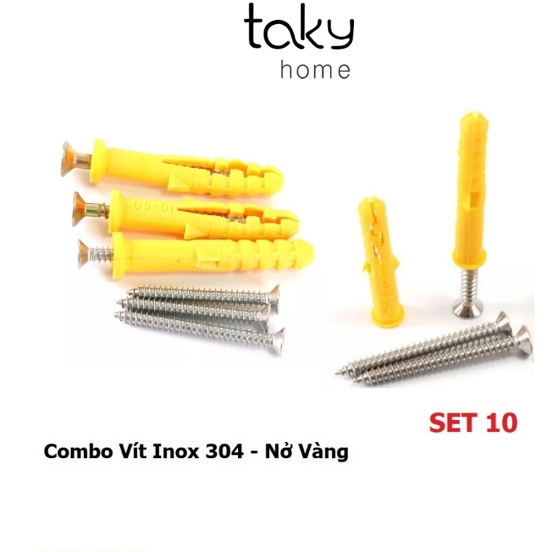 Set 10 vít inox 304 kèm nở nhựa màu vàng 6 - 8mm - hàng tốt, vít inox nở treo tường chắc chắn, chống gỉ. takyhome 5080