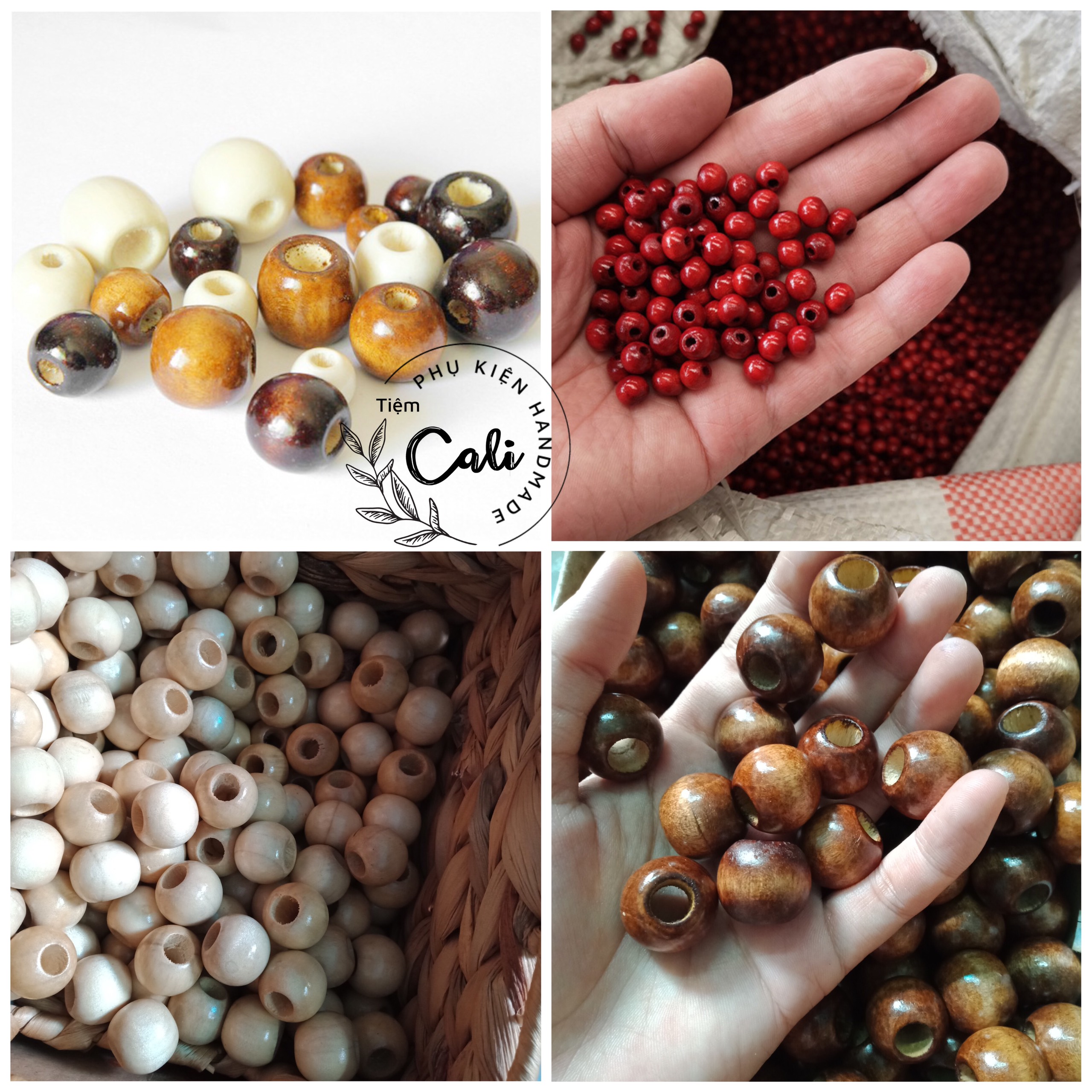 Hạt Túi 50 viên gỗ tròn, hạt gỗ màu, hạt gỗ handmade nhiều size lỗ to