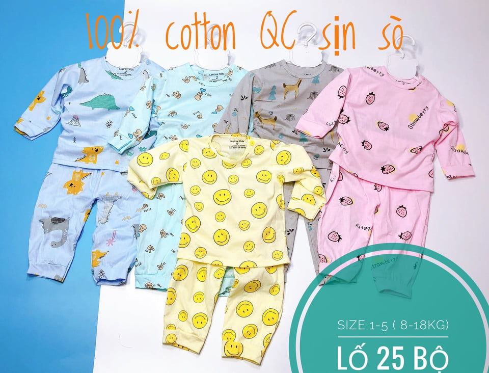 Bộ quần áo dài tay 100% cotton thông hơi Quảng Châu cao cấp cho bé trai, bé gái từ 5-15kg