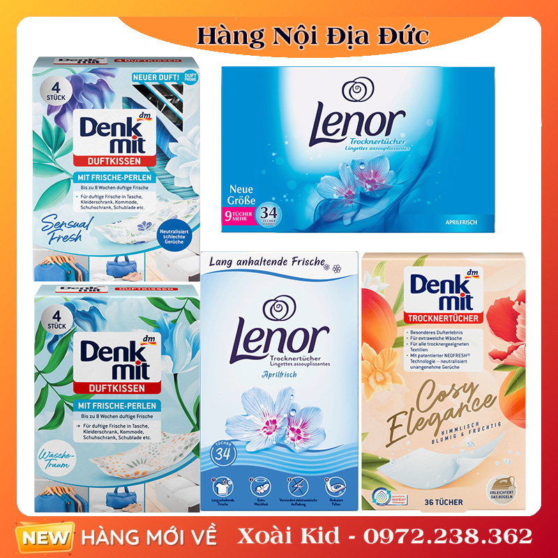 Combo giấy thơm quần áo denkmit và lenor dùng cho máy sấy, thơm ngát hương hoa - nội địa đức