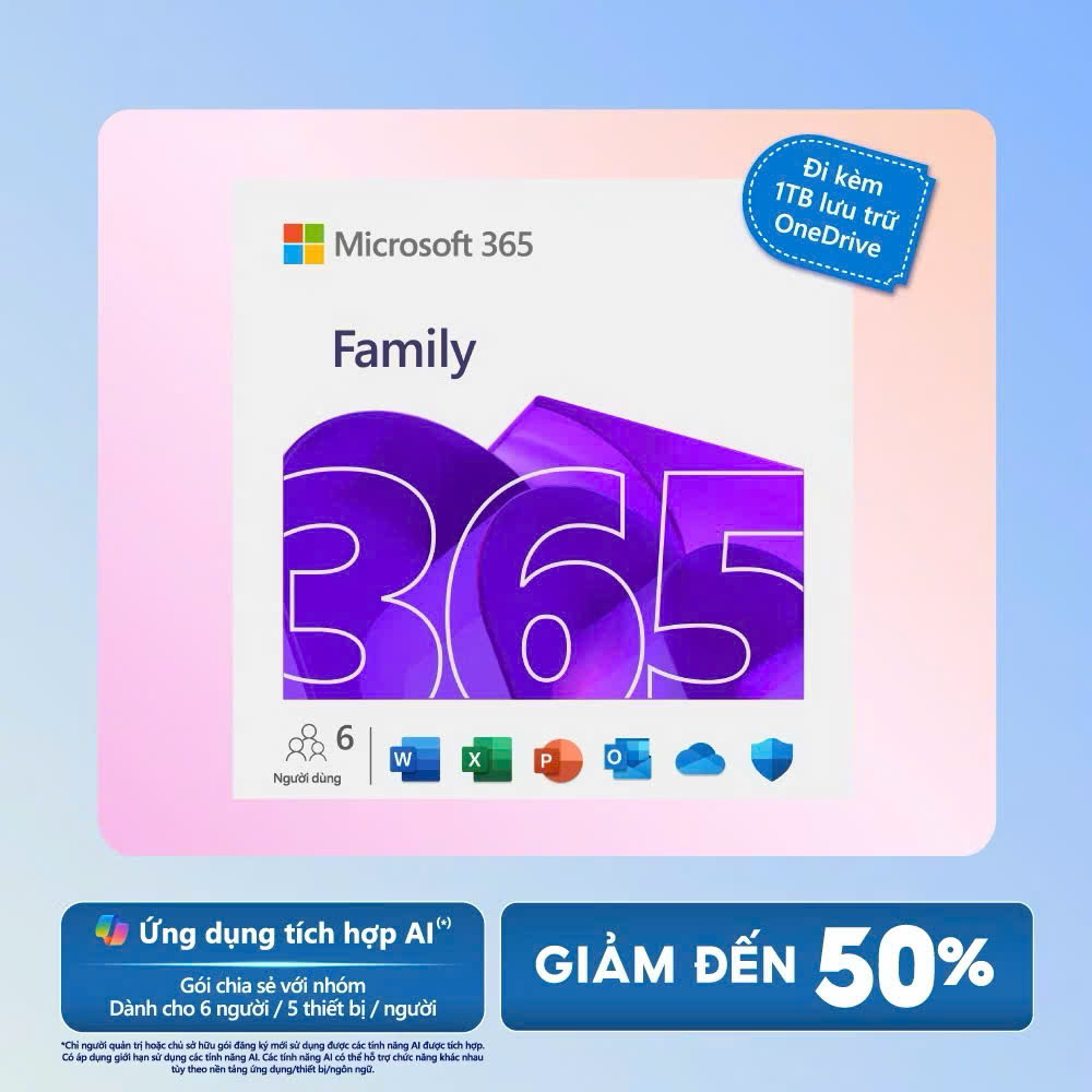 Phần mềm Microsoft 365 FAMILY N96 5 người dùng tài khoản đã thanh toán 15 tháng