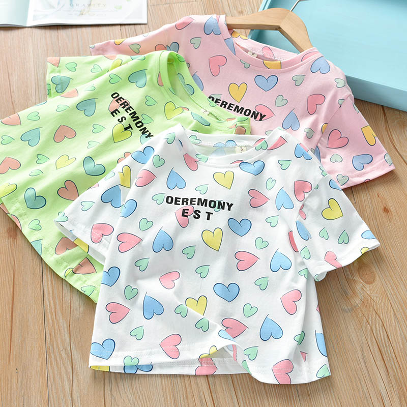 Áo Thun Bé Gái 1-6 Tuổi Quần Áo Cotton Màu Hồng In Hình Trái Tim Mùa Hè