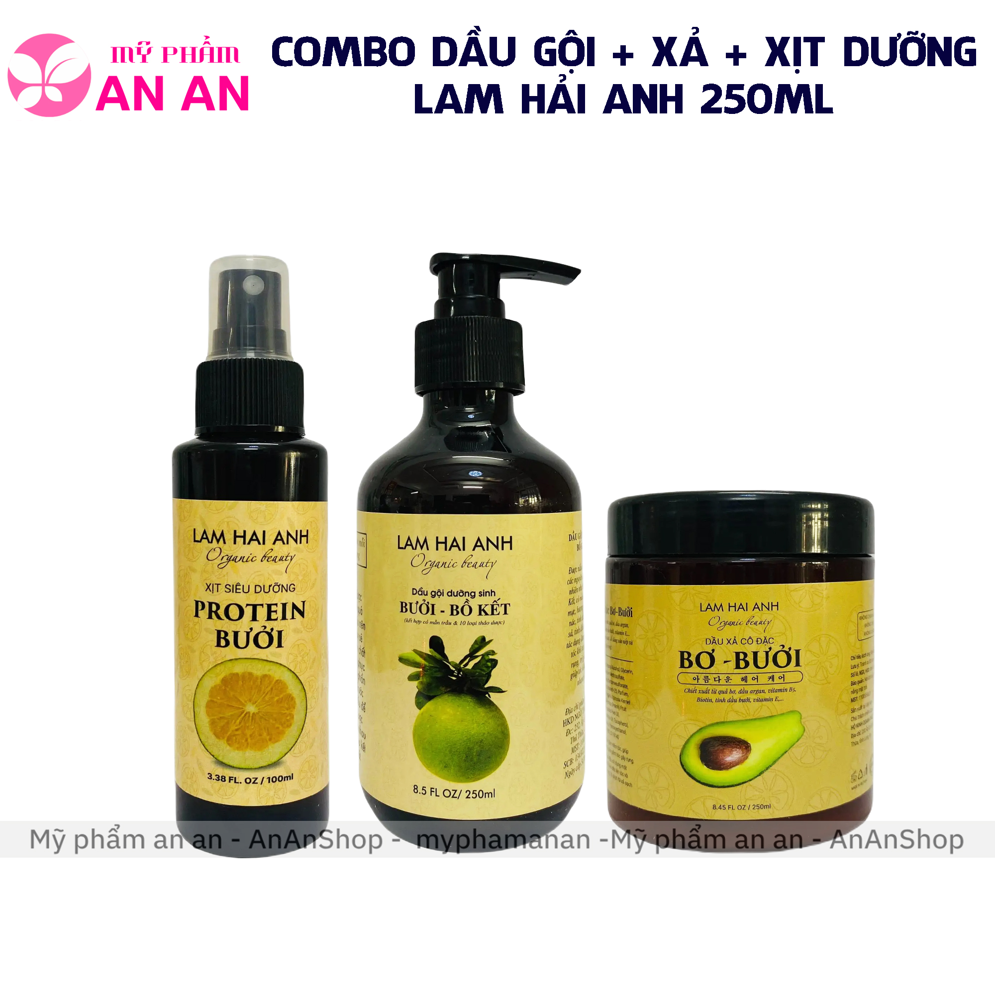 Combo Dầu gội cốt nấu Bưởi bồ kết + Dầu xả cô đặc bơ bưởi Lam Hải Anh 250ml - Xịt dưỡng bưởi Lam Hải Anh - Hàng chính hãng