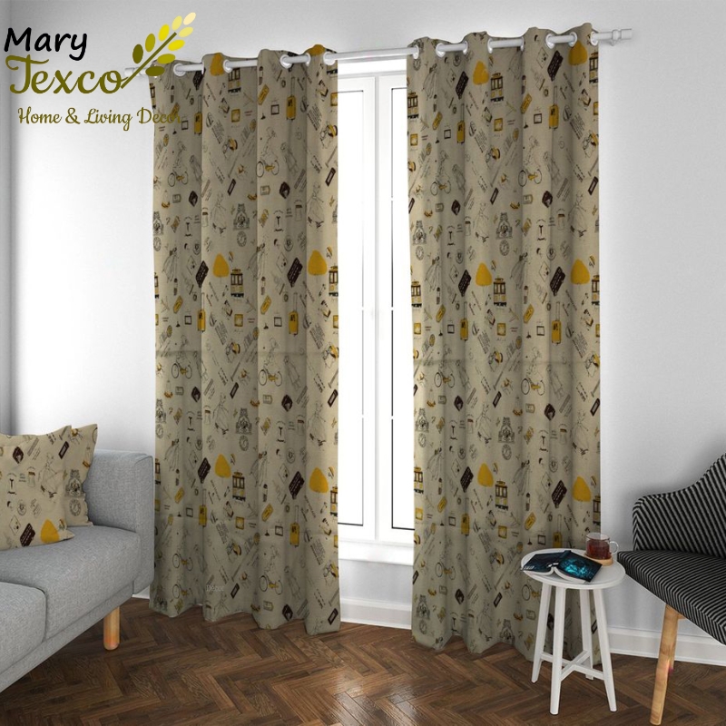 Rèm cửa Mary Texco đẹp vải bố linen trang trí nhà cửa giá tốt, hoàn thiện đục lỗ ô rê, ốp khoen nhựa trắng D45 mm - họa tiết Hành lý vintage -R-K05