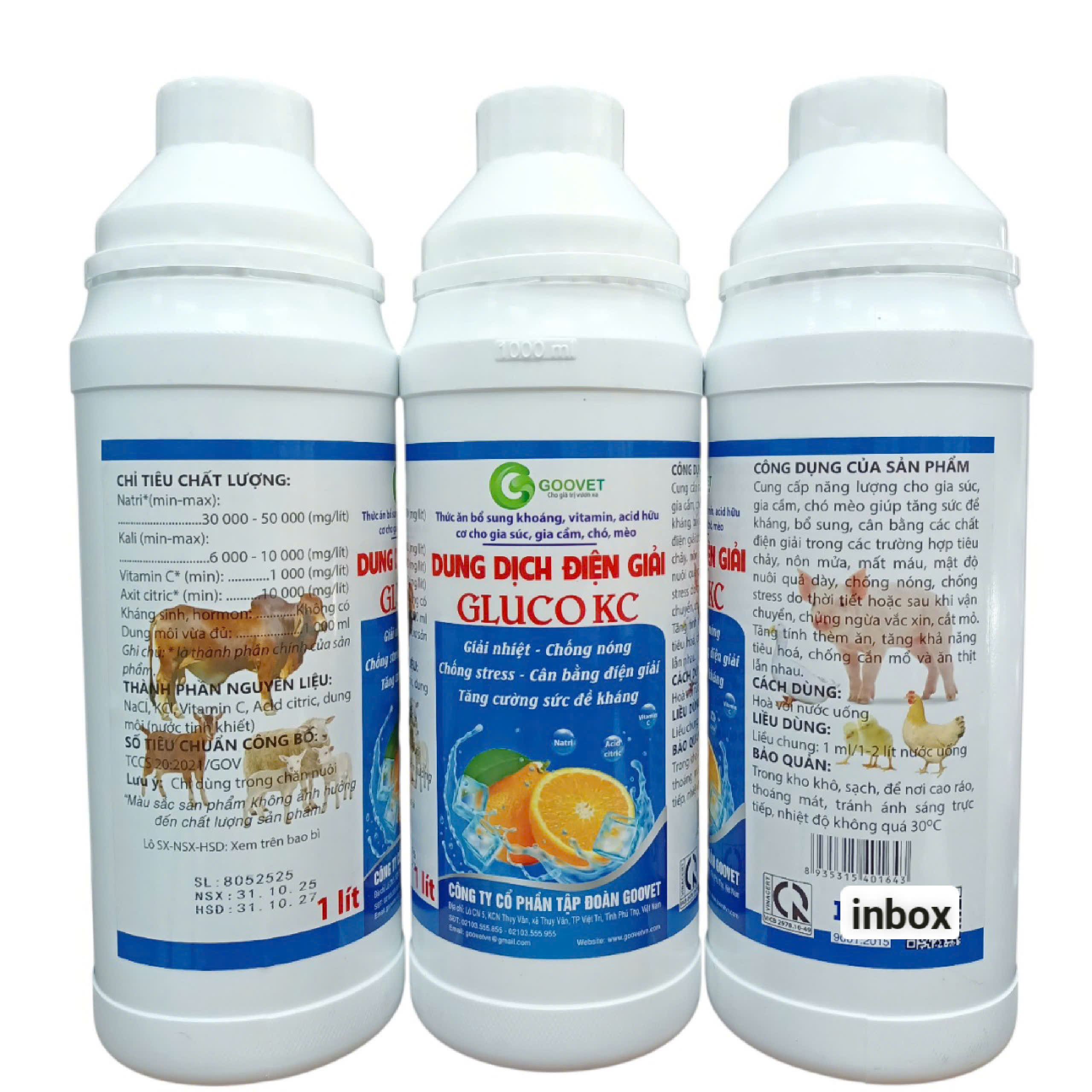 Dung dịch điện giải GLUCO KC Cho gia súc - gia cầm - chó mèo chai 1 lít