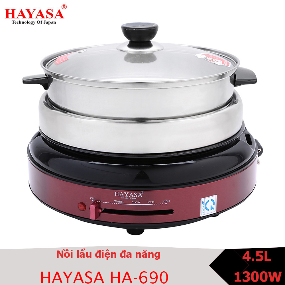 [BH 12 THÁNG] Nồi lẩu điện nướng hấp đa năng Hayasa HA-690 công suất 1300W với nhiều chức năng nấu lẩu nướng hấp kho hầm chiên xào nấu hâm nóng hầm đa chức năng