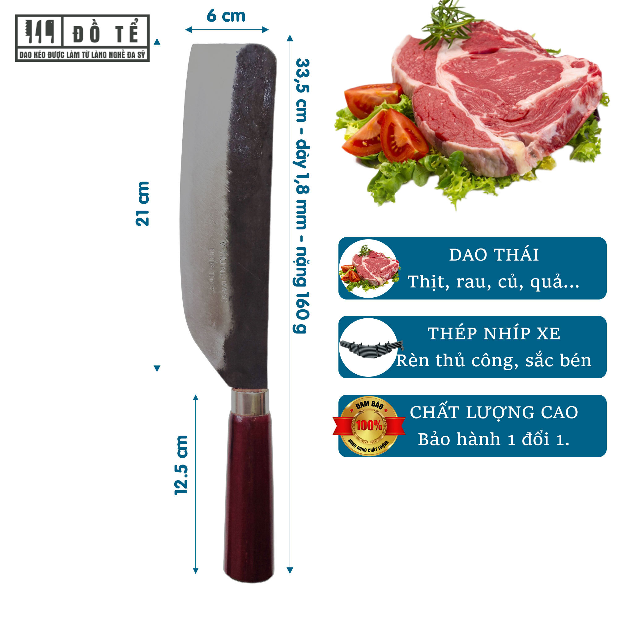 Dao thái nhíp xe cán gỗ lim, thái thịt, thái rau, gọt hoa quả, rèn từ thép nhíp xe siêu bền-xưởng rèn đồ tể-đa sỹ-hl44