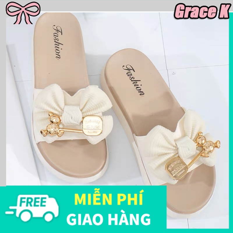 Giày đế mềm kiểu Hàn Quốc, dép nơ và gấu dễ thương, mềm mại, nhẹ, kẹp.