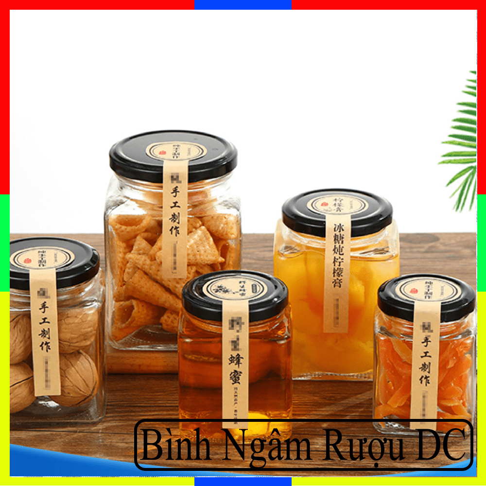 Hũ dựng mật ong, mật ong sâm, mật ong saffron, dựng các loại hạt, dồ khô, thực phẩm khô, các loại bột, ngũ cốc, hũ thuỷ tinh vuông nắp thiếc