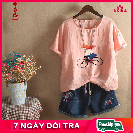 Áo kiểu nữ trung niên sang trọng Big size vải lien thêu cao cấp HOT 2018 - áo nữ trung niên - áo kiểu linen nữ trung niên Akira Store