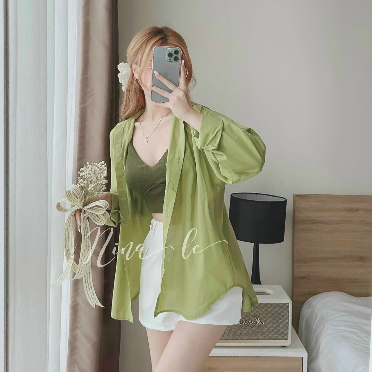 Sét 3 món áo sơmi tay dài kèm áo trong & quần đùi cực xinh