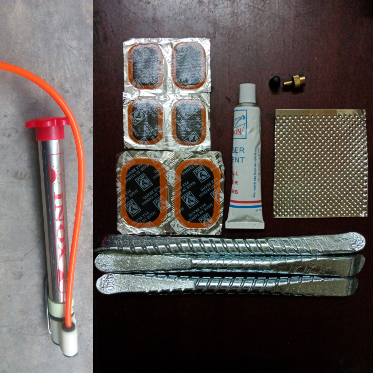 Bơm Inox bền Và Bô vá ruột xe Mini 7 món 6 miếng vá xe đua. xe máy. xe điện. Tay ga Dự phòng đi xa