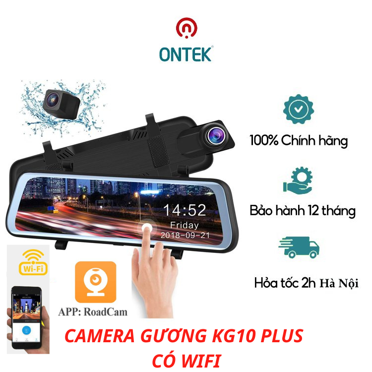 Camera hành trình ô tô chính hãng ONTEKCO KG10 Plus có wifi kết nối điện thoại dạng gương chiếu hậu trước sau Full HD 1080P