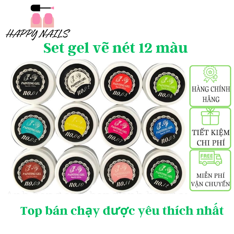 Sét gel vẽ 12 màu cơ bản chính hãng, PAINTING GEL vẽ trang trí móng tay, gel vẽ móng nổi trang trí móng chất gel đặc chuyên dụng cho thợ nail, Set gel vẽ móng tạo loang 12 màu lên màu chuẩn đẹp, Màu Loang Đẹp, Dễ Vẽ Đậm Đặc