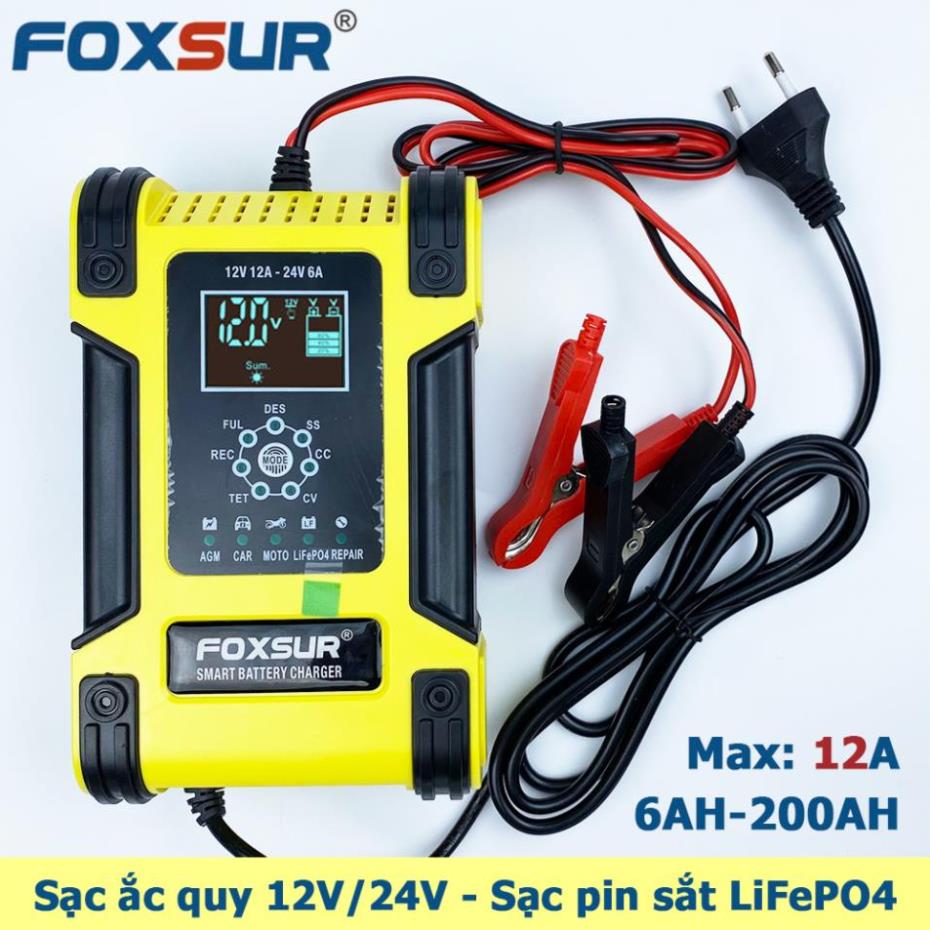Sạc bình ắc quy 12v 24v 6ah - 200ah foxsur 12a sạc pin sắt lifepo4 tự ngắt khi đầy